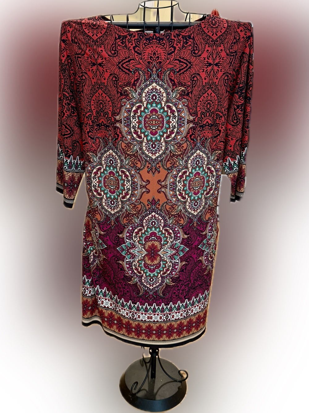 Maggy London Red and Rust Paisley-Print Long Sleeve Sheath Dress